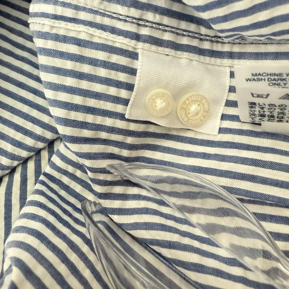 Land's End Men's Seersucker Casual Shirt Button Down Short Sleeve Blue White